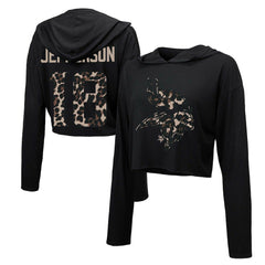 Justin Jefferson Minnesota Vikings Majestic Threads Women's Leopard Player Name & Number Long Sleeve Cropped Hoodie Black - NFL