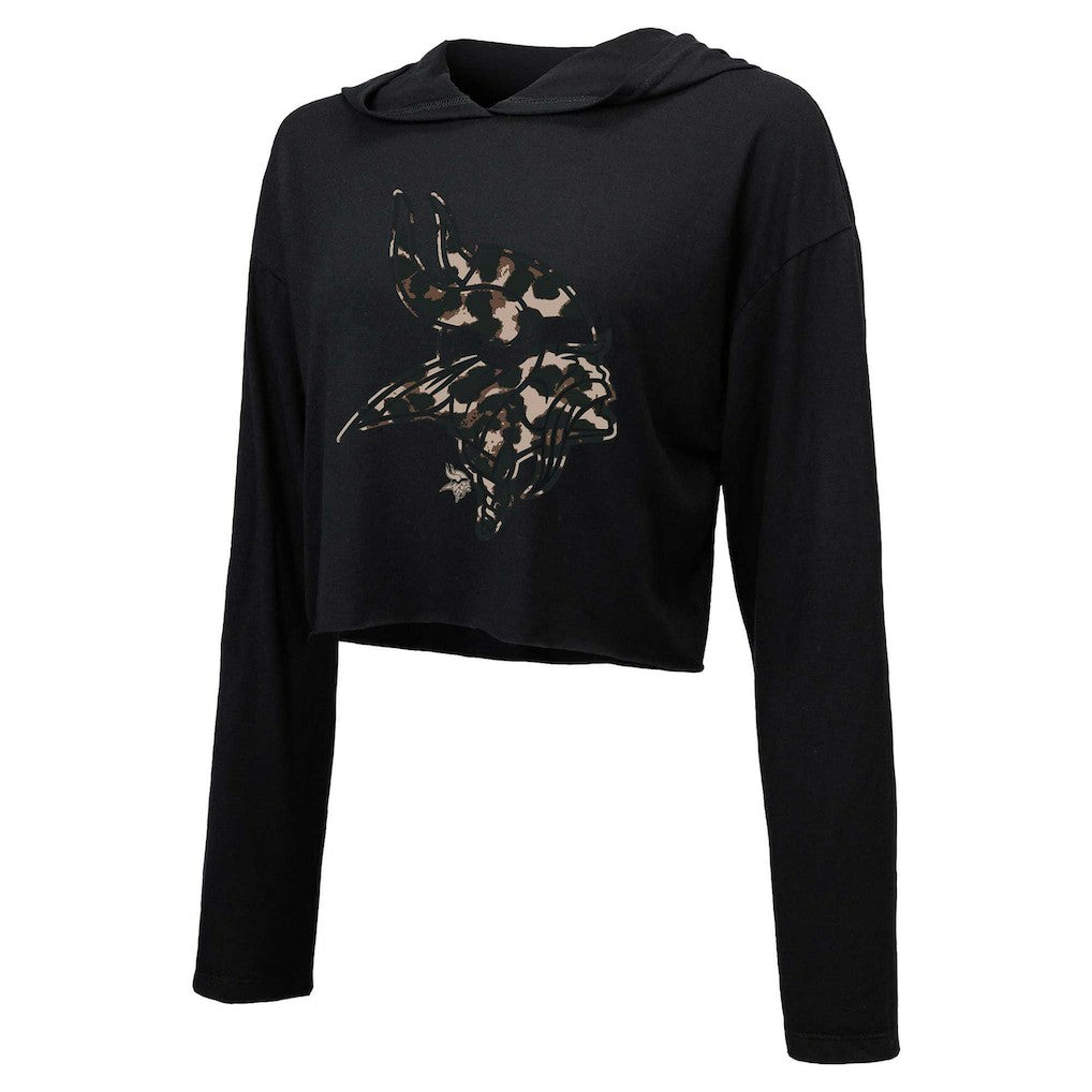 Justin Jefferson Minnesota Vikings Majestic Threads Women's Leopard Player Name & Number Long Sleeve Cropped Hoodie Black - NFL