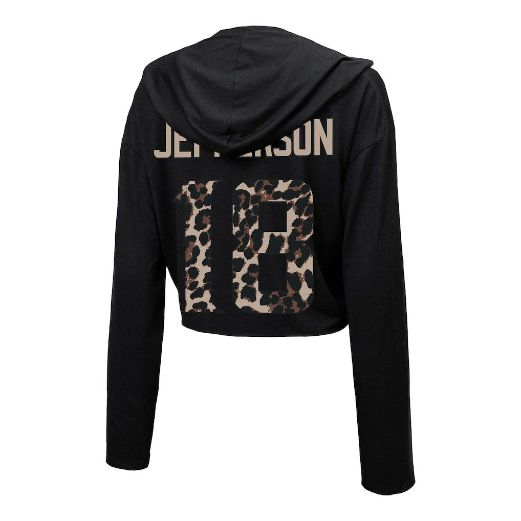 Justin Jefferson Minnesota Vikings Majestic Threads Women's Leopard Player Name & Number Long Sleeve Cropped Hoodie Black - NFL