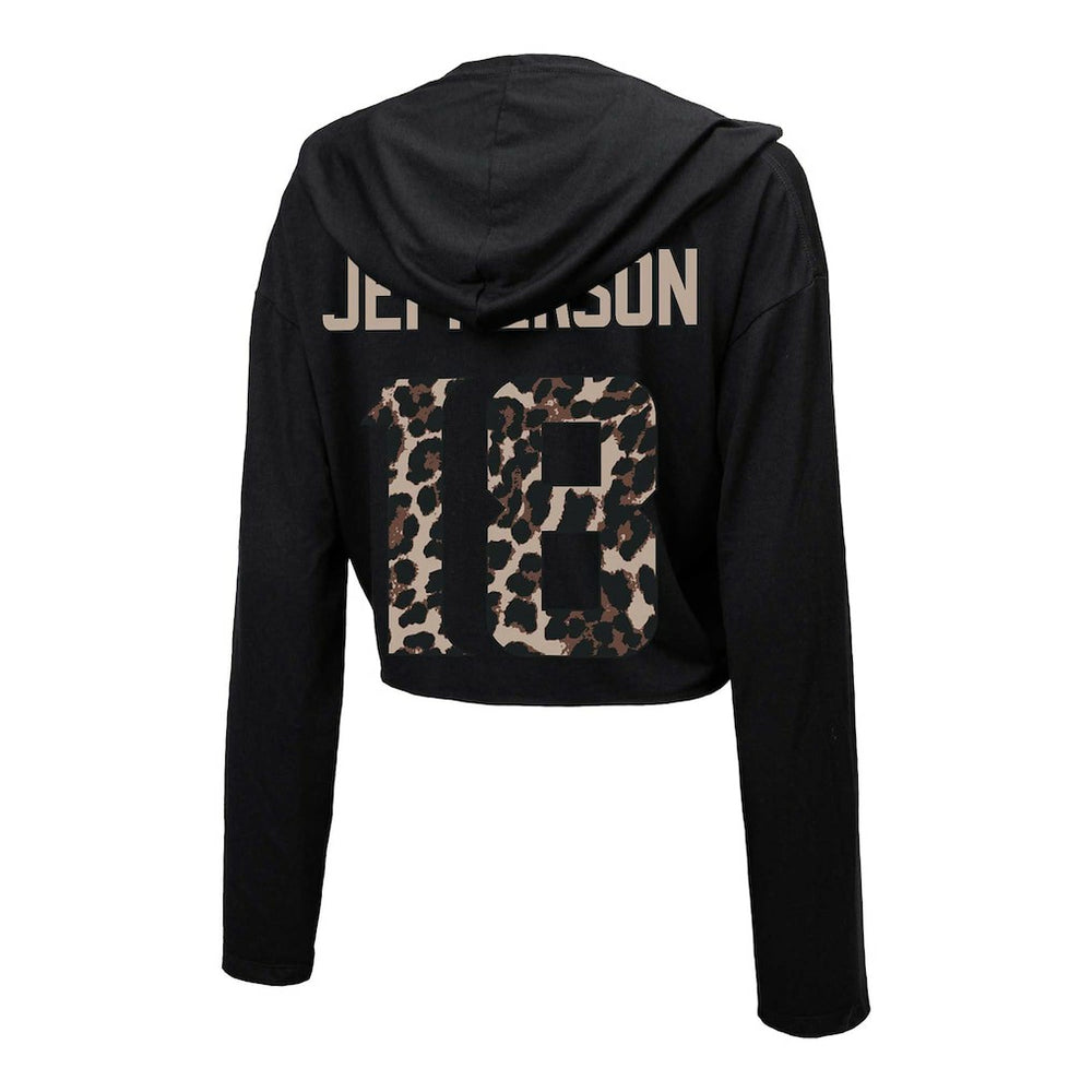 Justin Jefferson Minnesota Vikings Majestic Threads Women's Leopard Player Name & Number Long Sleeve Cropped Hoodie Black - NFL