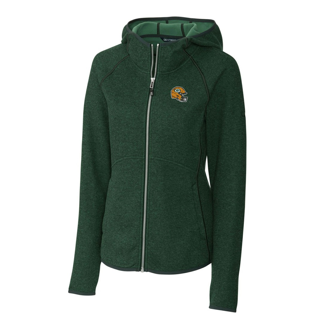 Green Bay Packers Cutter & Buck Women's Helmet Logo Mainsail Sweater-Knit Full-Zip Hoodie Green - NFL