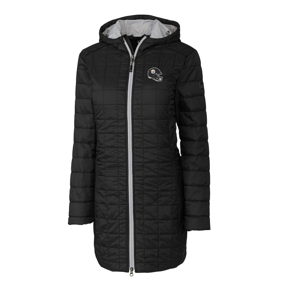 Pittsburgh Steelers Cutter & Buck Women's Helmet Logo Rainier Primaloft Eco Insulated Hooded Long Coat Black - NFL