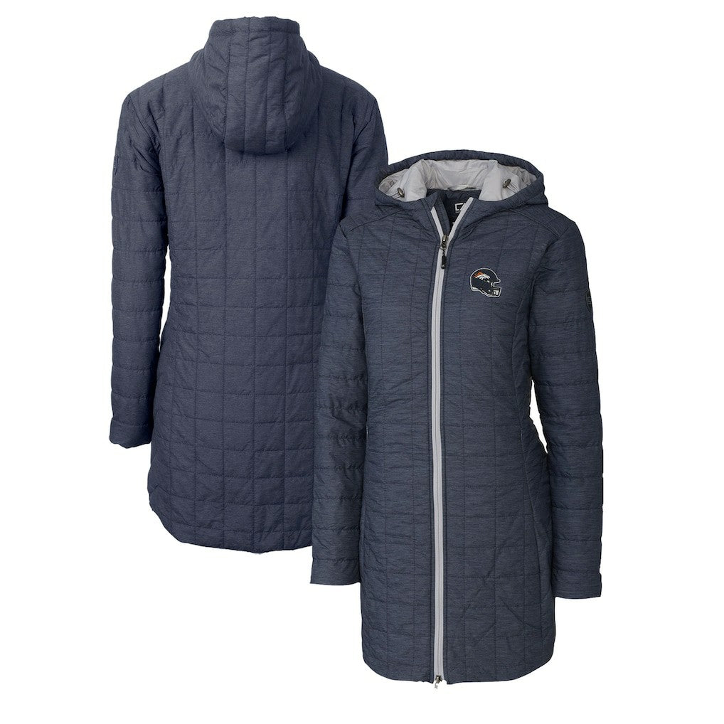 Denver Broncos Cutter & Buck Women's Helmet Logo Rainier Primaloft Eco Insulated Hooded Long Coat Heather Navy - NFL