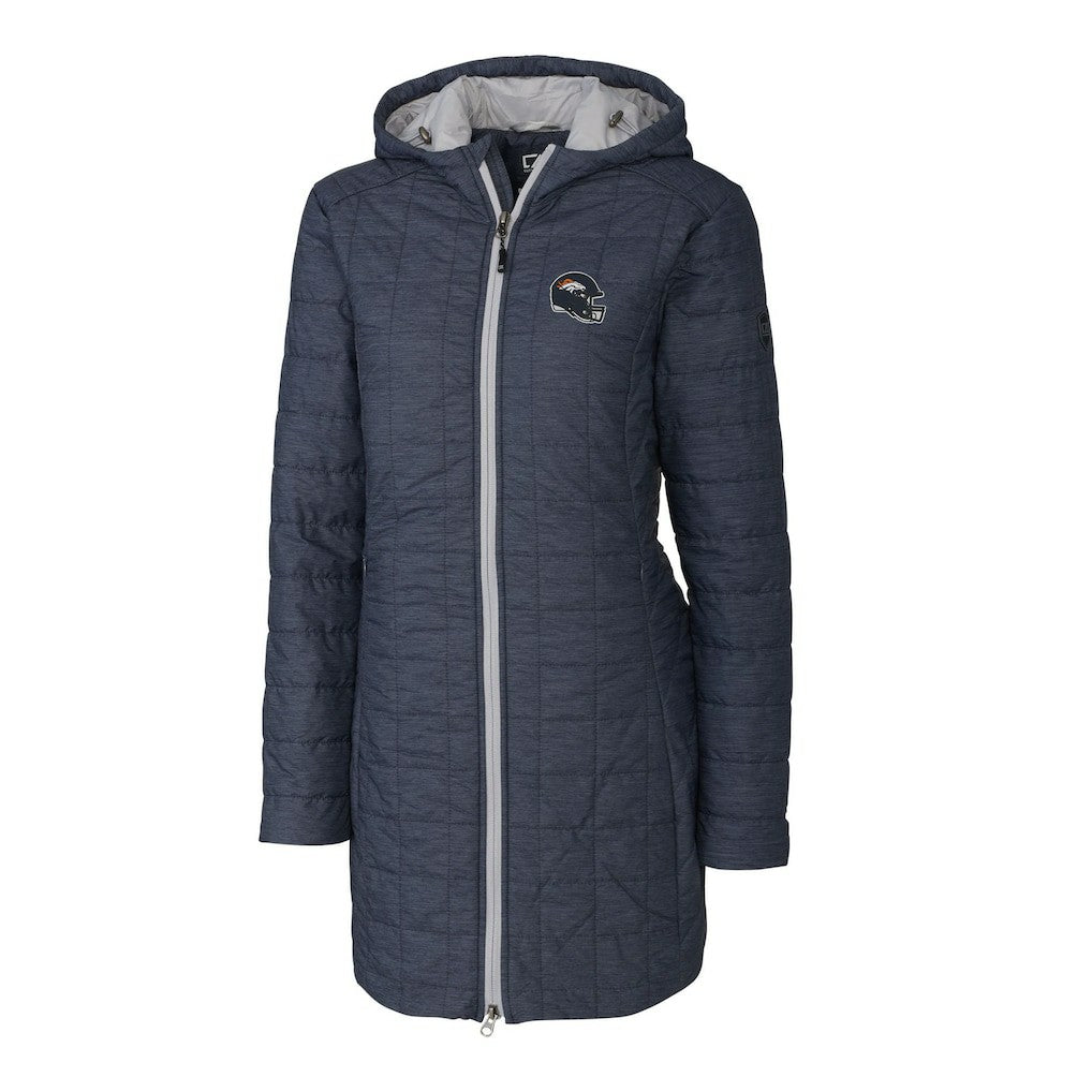 Denver Broncos Cutter & Buck Women's Helmet Logo Rainier Primaloft Eco Insulated Hooded Long Coat Heather Navy - NFL