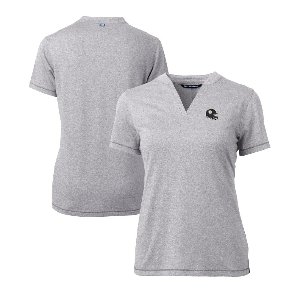 Pittsburgh Steelers Cutter & Buck Women's Helmet Logo DryTec Forge Stretch V-Neck Blade Top Heather Gray - NFL