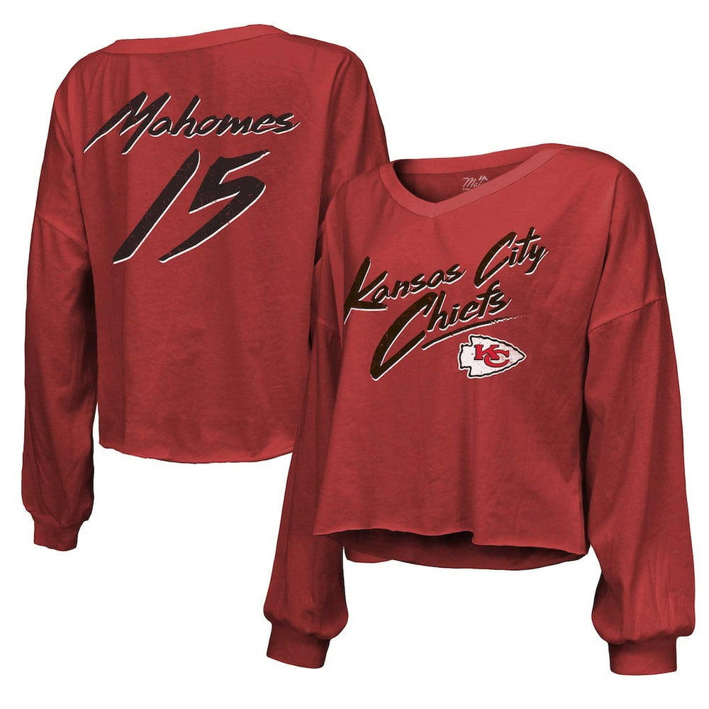 Patrick Mahomes Kansas City Chiefs Majestic Threads Women's Name & Number Off-Shoulder Script Cropped Long Sleeve Relaxed V-Neck T-Shirt Red - NFL