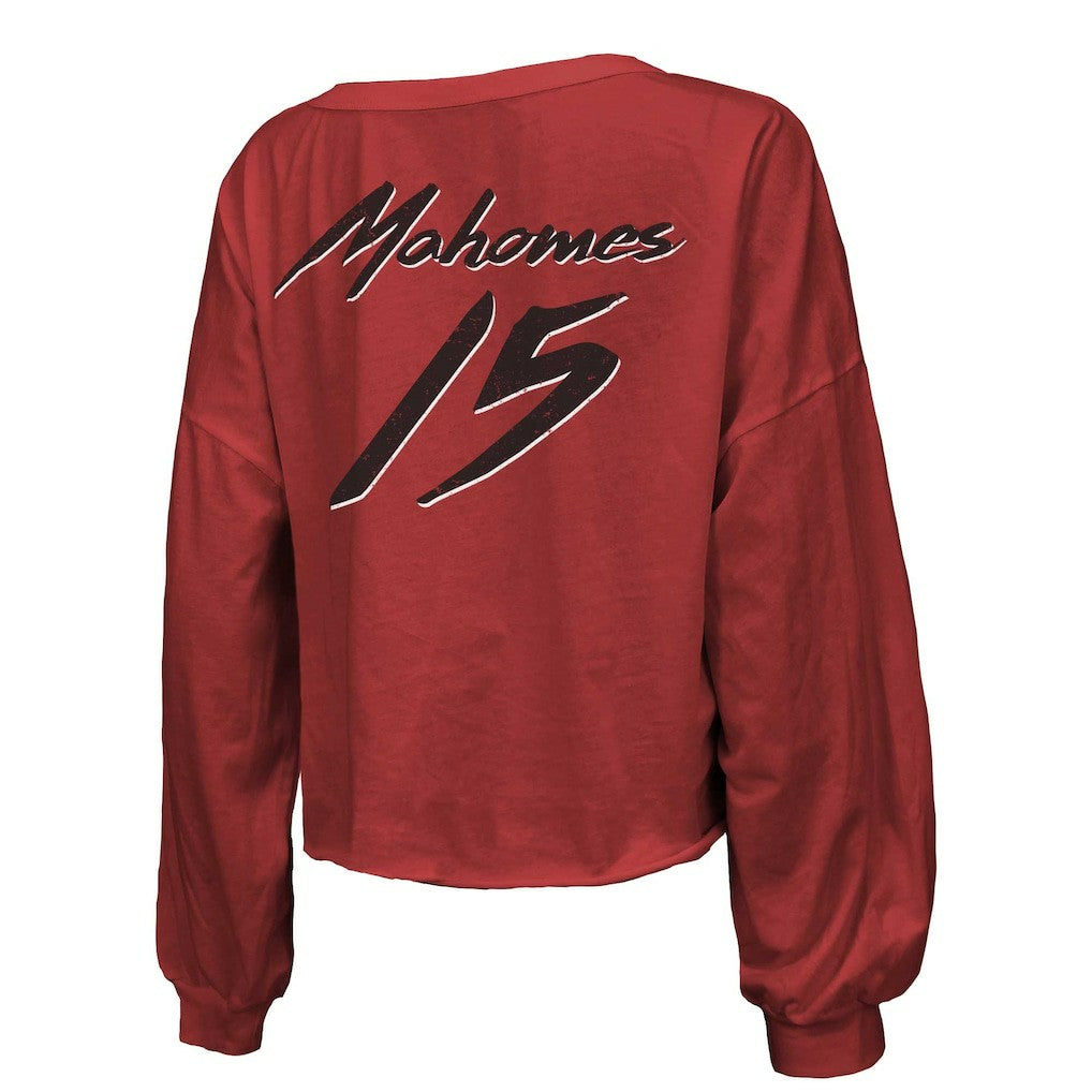 Patrick Mahomes Kansas City Chiefs Majestic Threads Women's Name & Number Off-Shoulder Script Cropped Long Sleeve Relaxed V-Neck T-Shirt Red - NFL