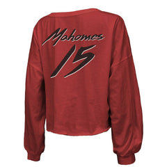 Patrick Mahomes Kansas City Chiefs Majestic Threads Women's Name & Number Off-Shoulder Script Cropped Long Sleeve Relaxed V-Neck T-Shirt Red - NFL