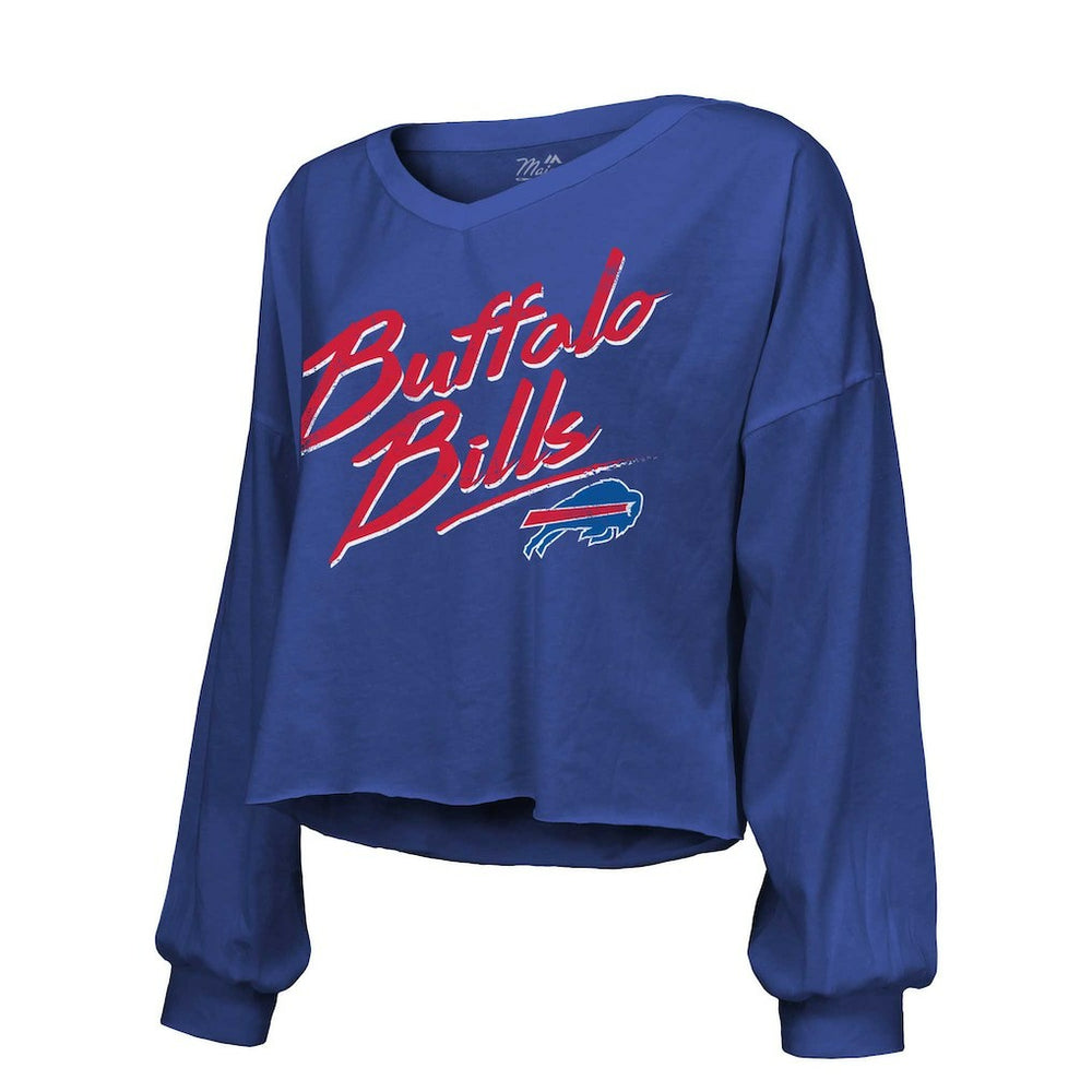 Josh Allen Buffalo Bills Majestic Threads Women's Name & Number Off-Shoulder Script Cropped Long Sleeve Relaxed V-Neck T-Shirt Royal - NFL