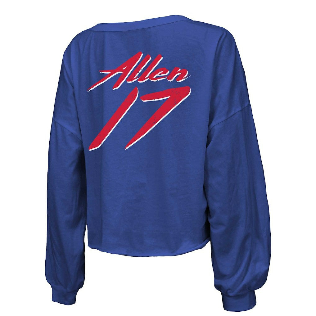 Josh Allen Buffalo Bills Majestic Threads Women's Name & Number Off-Shoulder Script Cropped Long Sleeve Relaxed V-Neck T-Shirt Royal - NFL