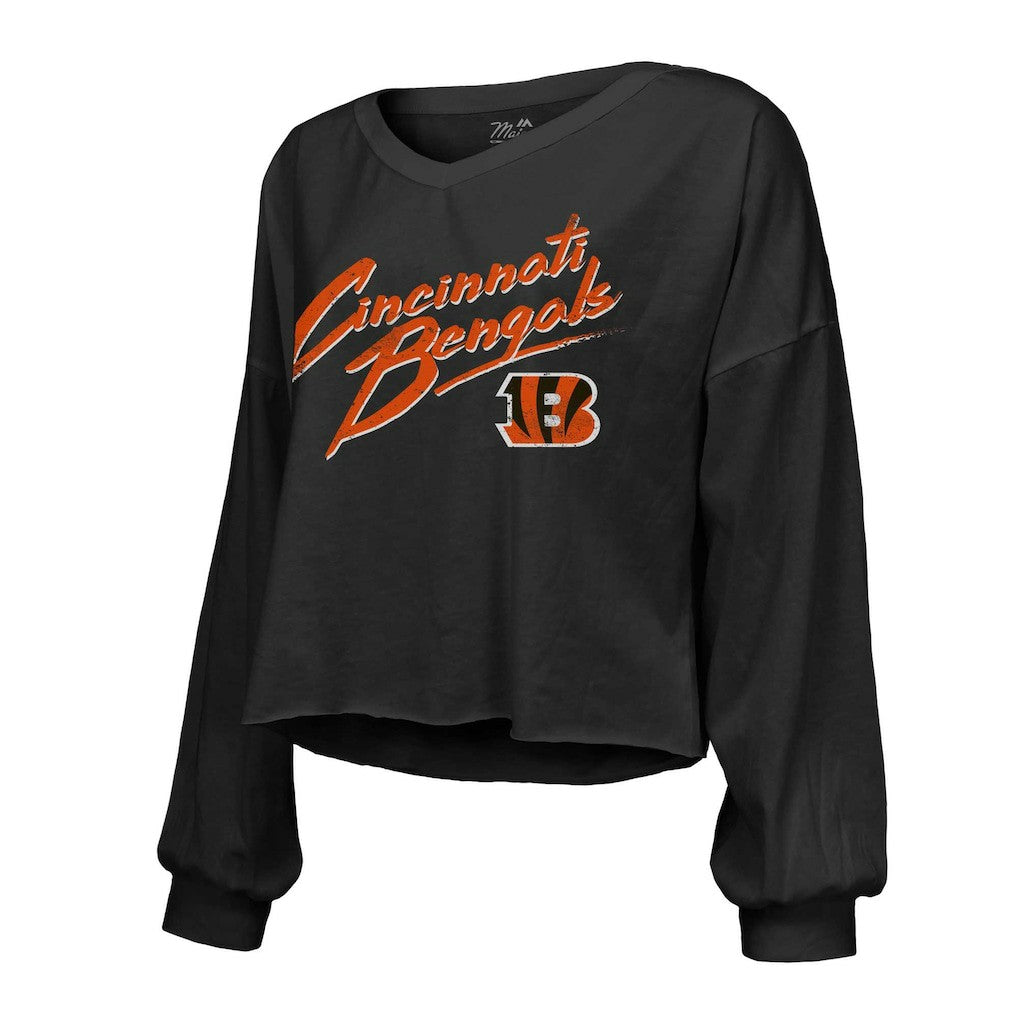 Joe Burrow Cincinnati Bengals Majestic Threads Women's Name & Number Off-Shoulder Script Cropped Long Sleeve Relaxed V-Neck T-Shirt Black - NFL