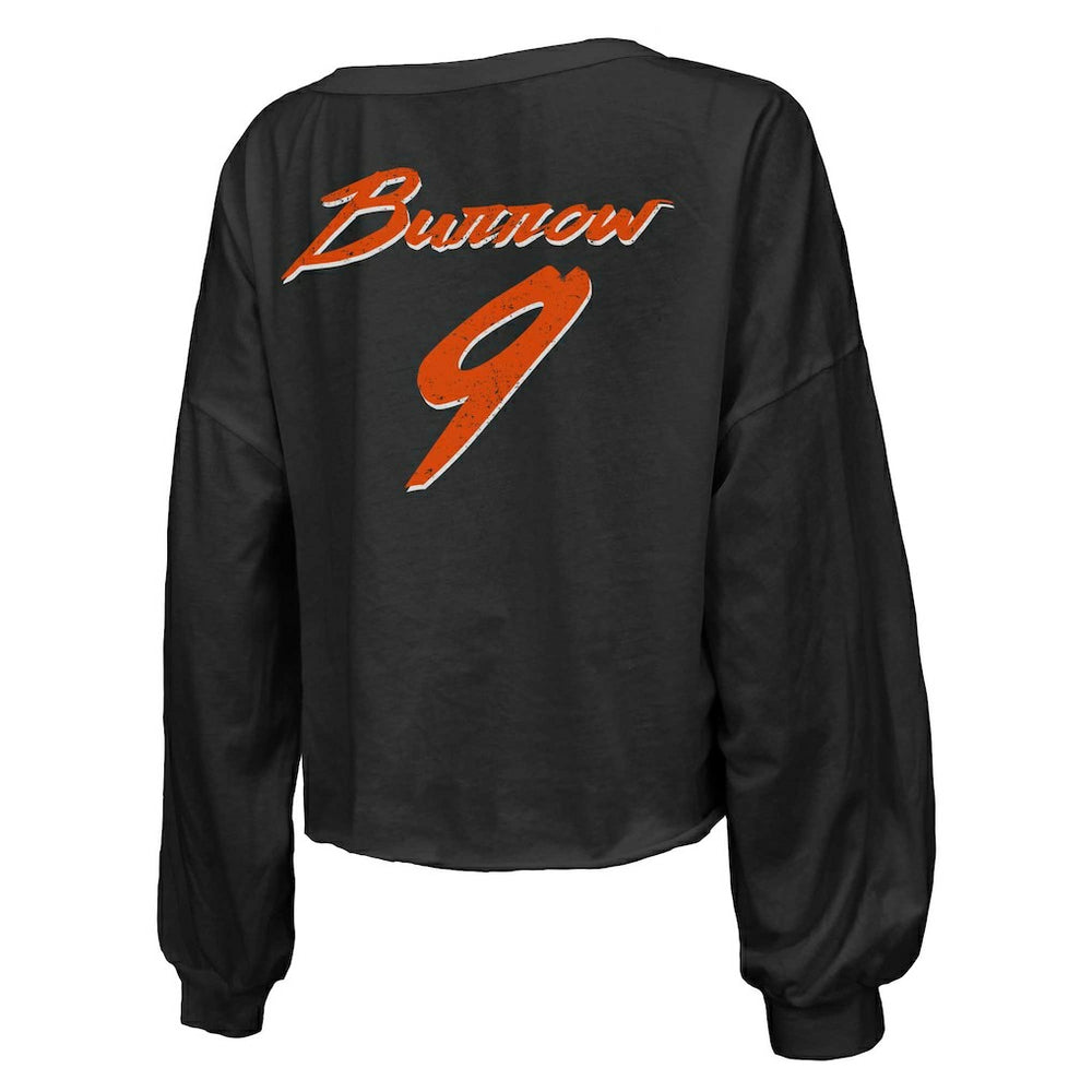 Joe Burrow Cincinnati Bengals Majestic Threads Women's Name & Number Off-Shoulder Script Cropped Long Sleeve Relaxed V-Neck T-Shirt Black - NFL