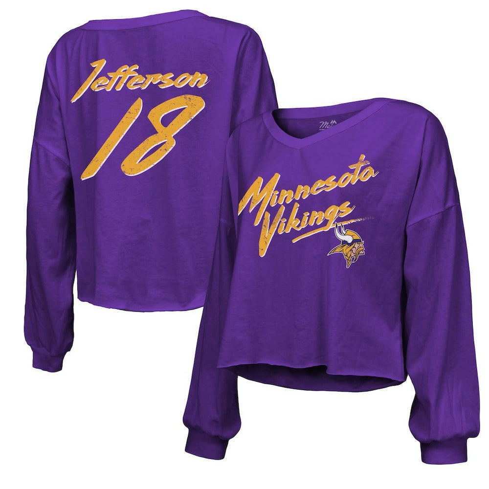 Justin Jefferson Minnesota Vikings Majestic Threads Women's Name & Number Off-Shoulder Script Cropped Long Sleeve V-Neck T-Shirt Purple - NFL