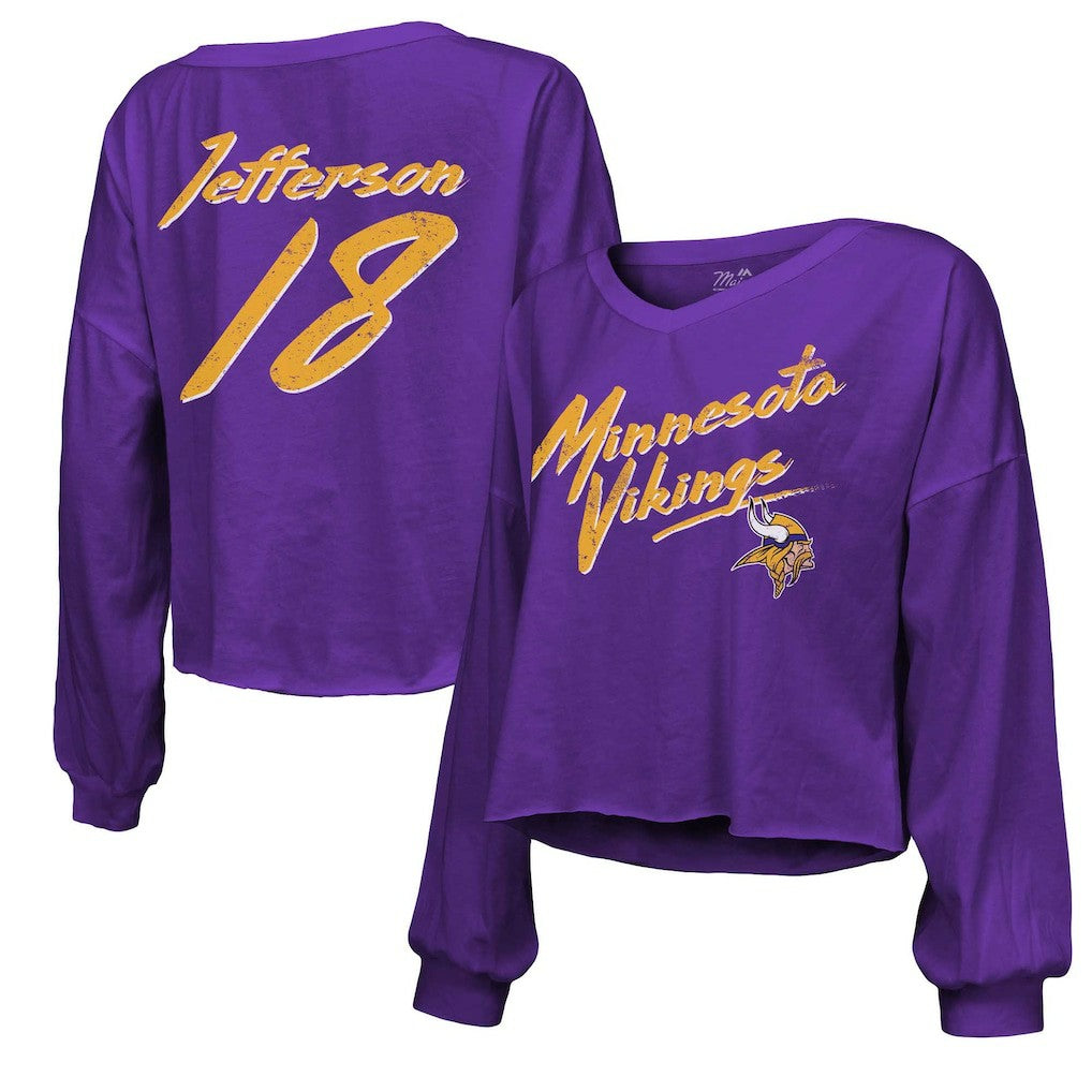 Justin Jefferson Minnesota Vikings Majestic Threads Women's Name & Number Off-Shoulder Script Cropped Long Sleeve V-Neck T-Shirt Purple - NFL