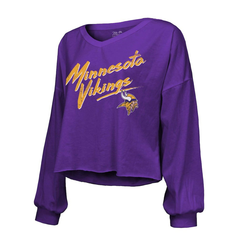 Justin Jefferson Minnesota Vikings Majestic Threads Women's Name & Number Off-Shoulder Script Cropped Long Sleeve V-Neck T-Shirt Purple - NFL