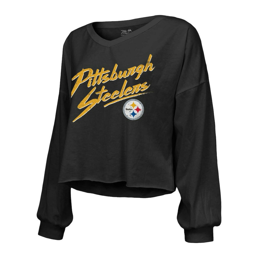 T.J. Watt Pittsburgh Steelers Majestic Threads Women's Name & Number Off-Shoulder Script Cropped Long Sleeve Relaxed V-Neck T-Shirt Black - NFL