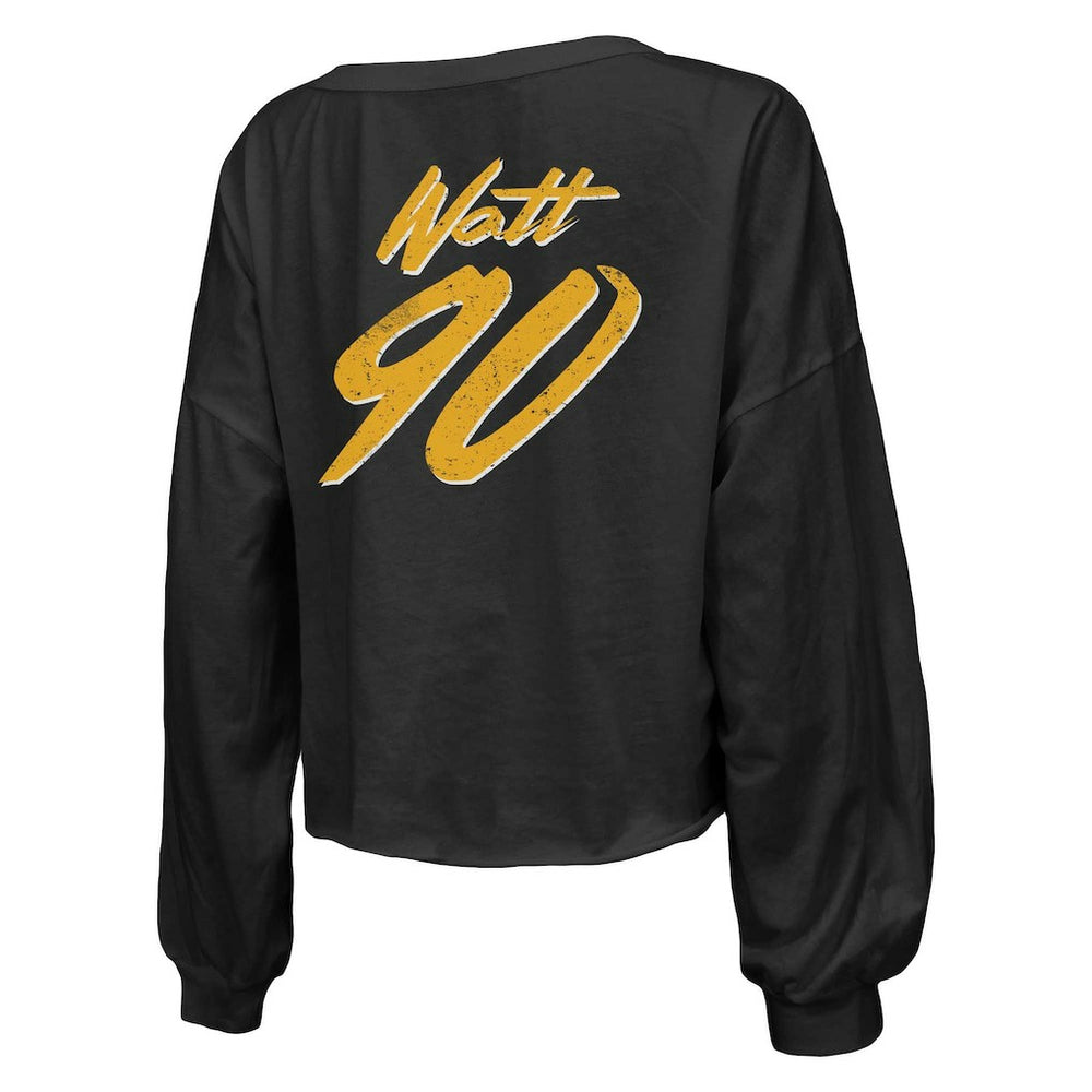T.J. Watt Pittsburgh Steelers Majestic Threads Women's Name & Number Off-Shoulder Script Cropped Long Sleeve Relaxed V-Neck T-Shirt Black - NFL