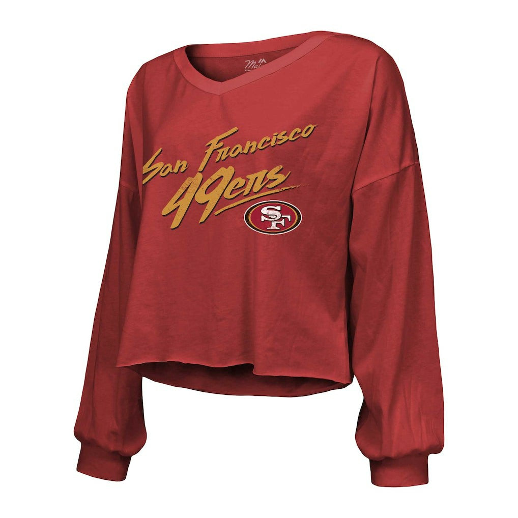Christian McCaffrey San Francisco 49ers Majestic Threads Women's Name & Number Off-Shoulder Script Cropped Long Sleeve V-Neck T-Shirt Scarlet - NFL
