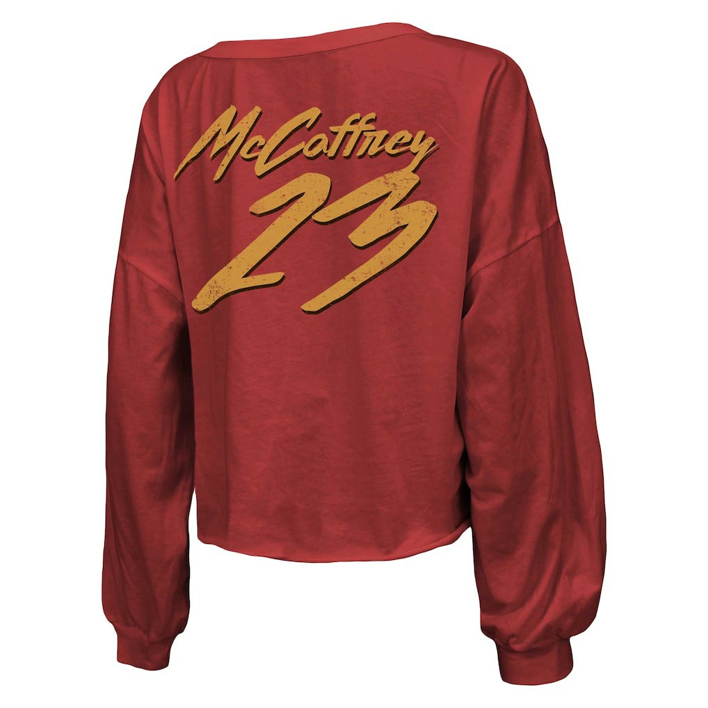 Christian McCaffrey San Francisco 49ers Majestic Threads Women's Name & Number Off-Shoulder Script Cropped Long Sleeve V-Neck T-Shirt Scarlet - NFL