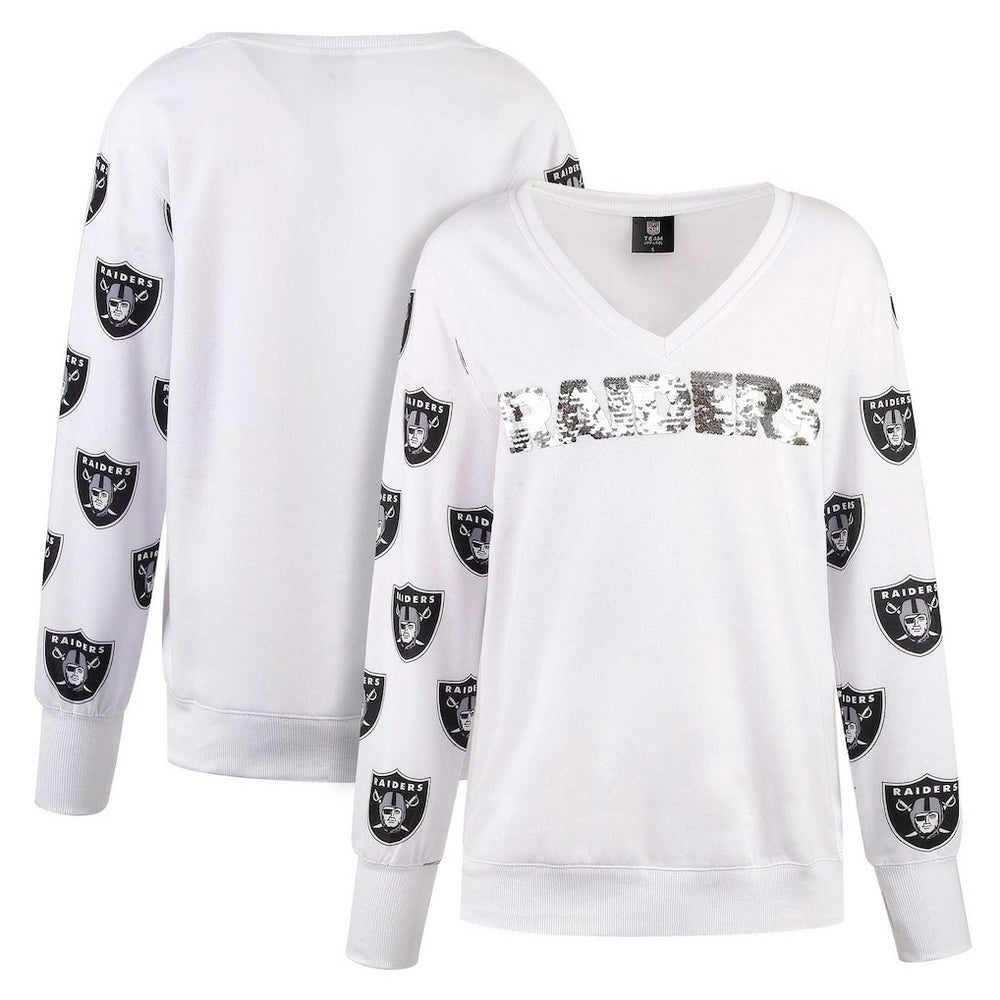 Las Vegas Raiders Cuce Women's Sequin Fleece V-Neck T-Shirt White - NFL