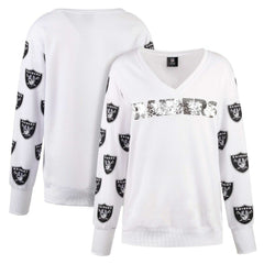 Las Vegas Raiders Cuce Women's Sequin Fleece V-Neck T-Shirt White - NFL