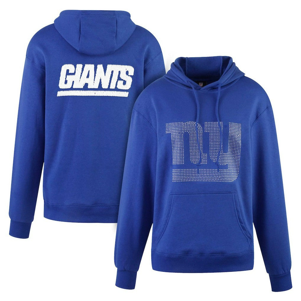 New York Giants Cuce Women's Rhinestone Logo Wordmark Pullover Hoodie Royal - NFL