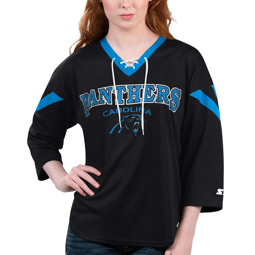 Carolina Panthers Starter Women's Rally Lace-Up 3/4 Sleeve T-Shirt Black - NFL