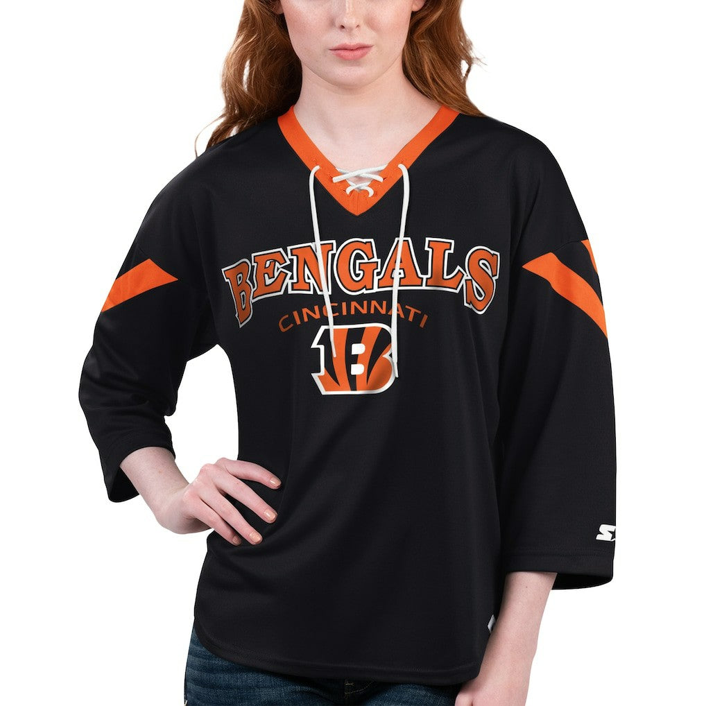 Cincinnati Bengals Starter Women's Rally Lace-Up 3/4 Sleeve T-Shirt Black - NFL