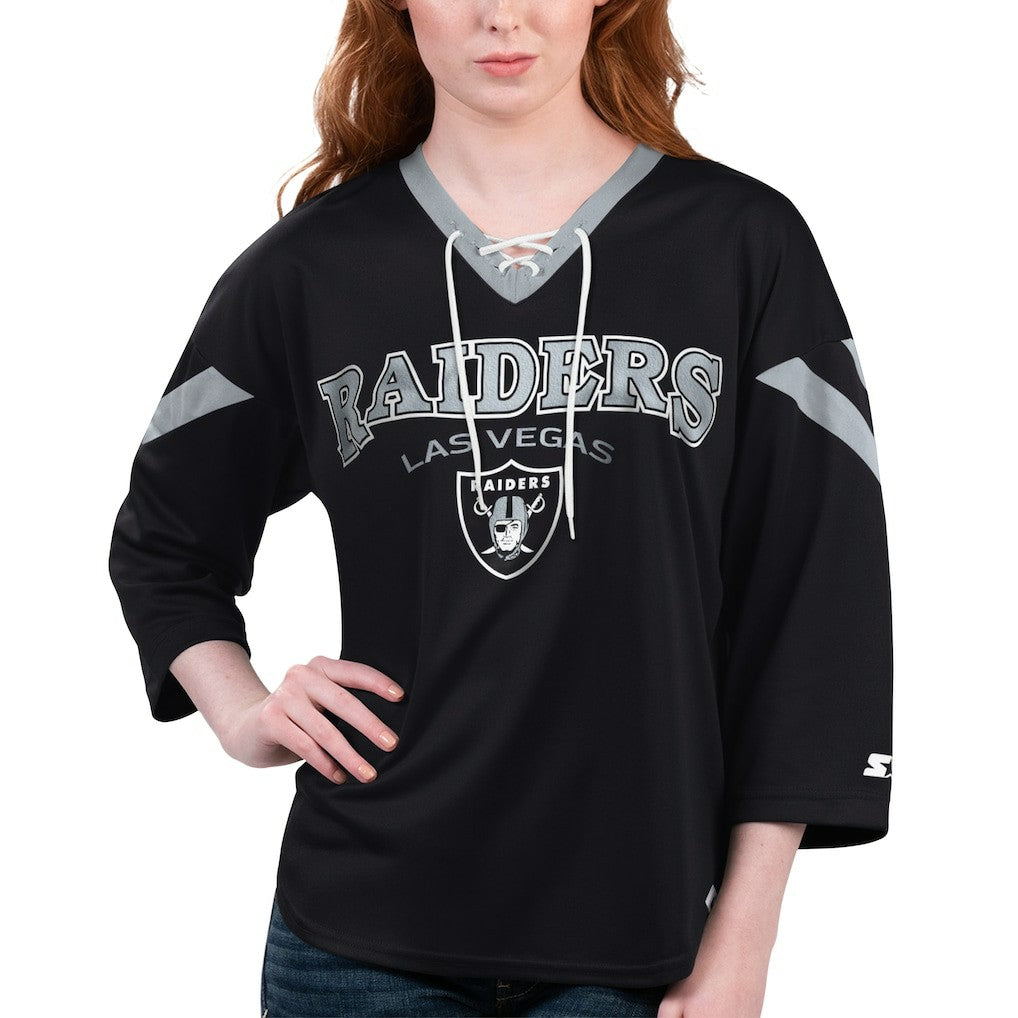 Las Vegas Raiders Starter Women's Rally Lace-Up 3/4 Sleeve T-Shirt Black - NFL