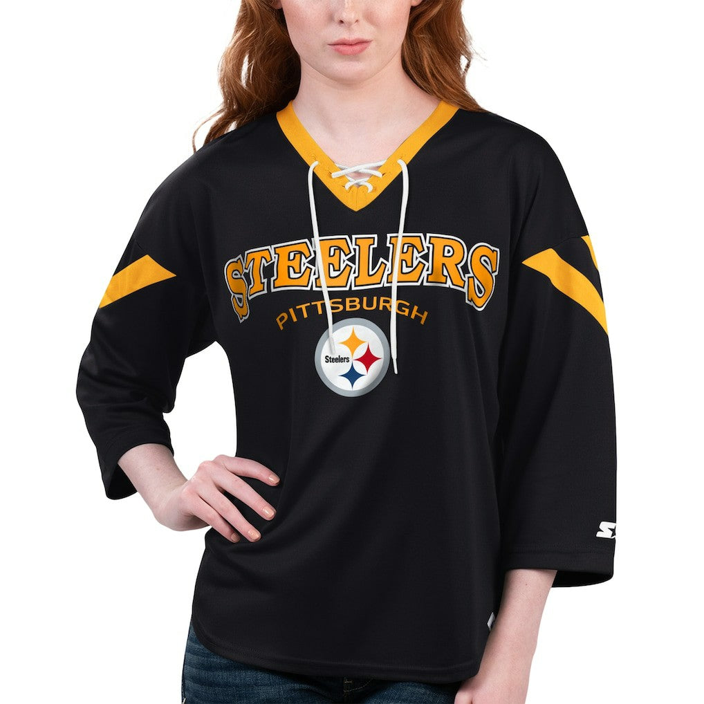 Pittsburgh Steelers Starter Women's Rally Lace-Up 3/4 Sleeve T-Shirt Black - NFL