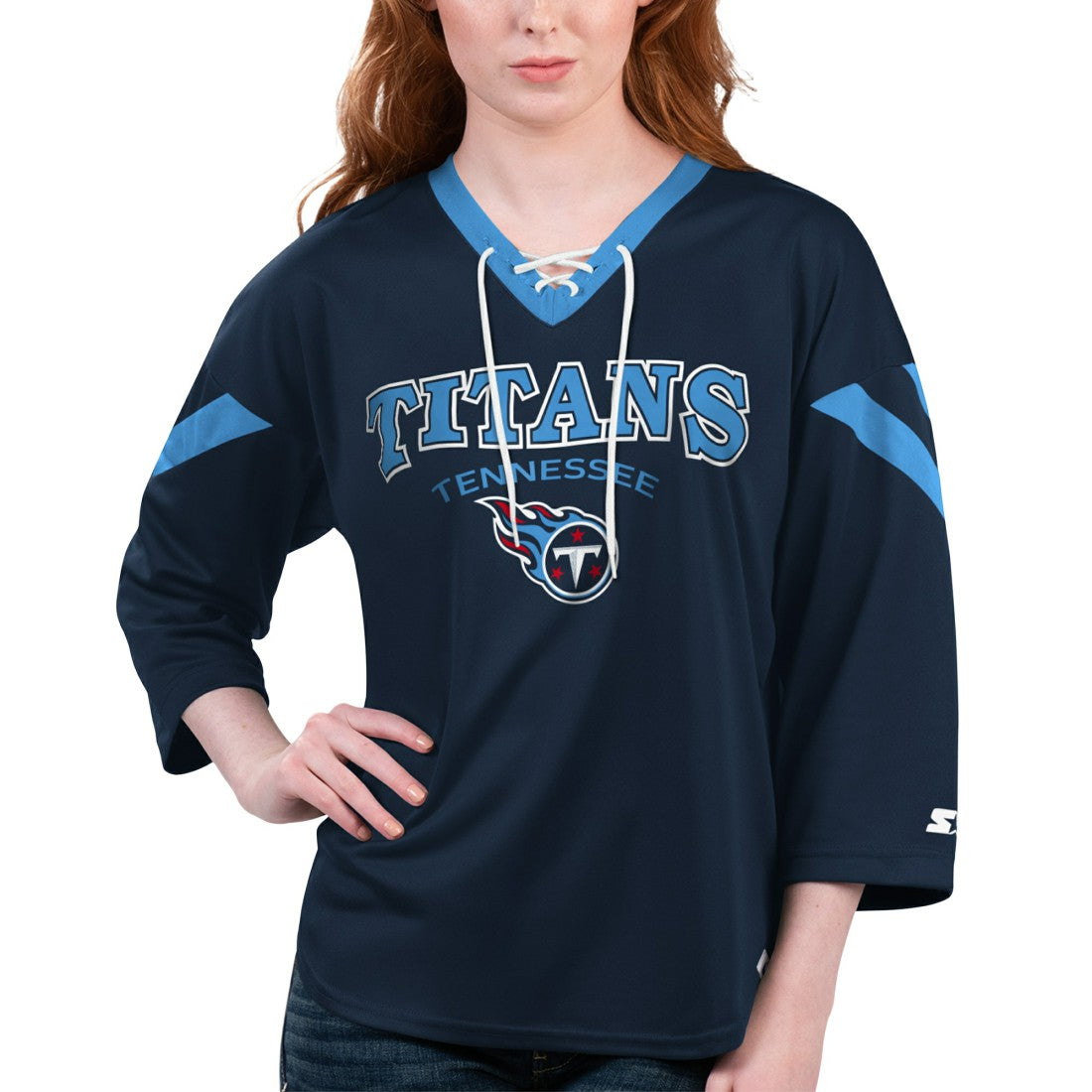 Tennessee Titans Starter Women's Rally Lace-Up 3/4 Sleeve T-Shirt Navy - NFL