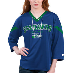 Seattle Seahawks Starter Women's Rally Lace-Up 3/4 Sleeve T-Shirt Navy - NFL