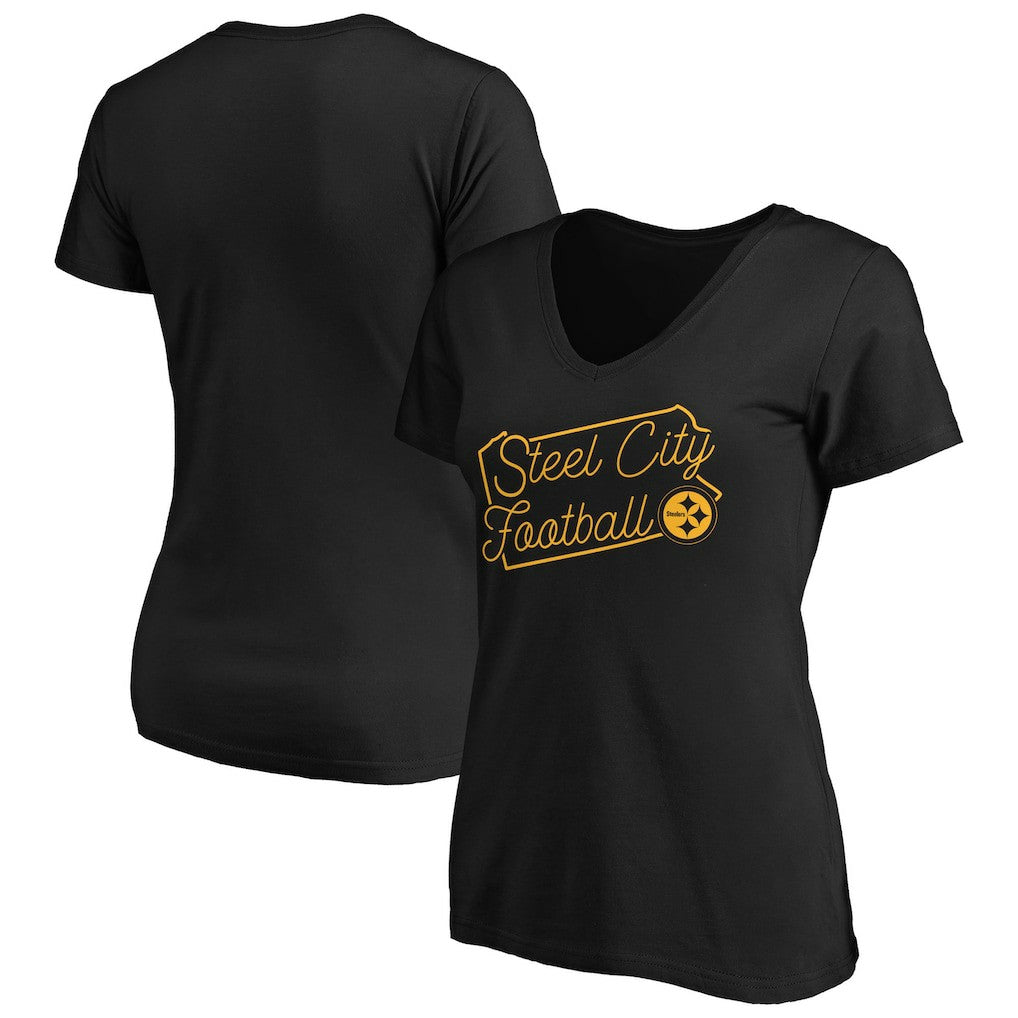 Pittsburgh Steelers Women's Script V-Neck T-Shirt Black - NFL