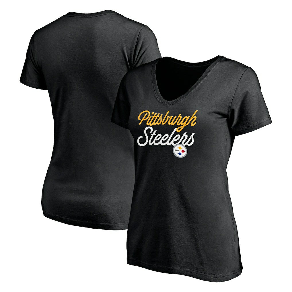 Pittsburgh Steelers Women's Long Stride V-Neck T-Shirt Black - NFL