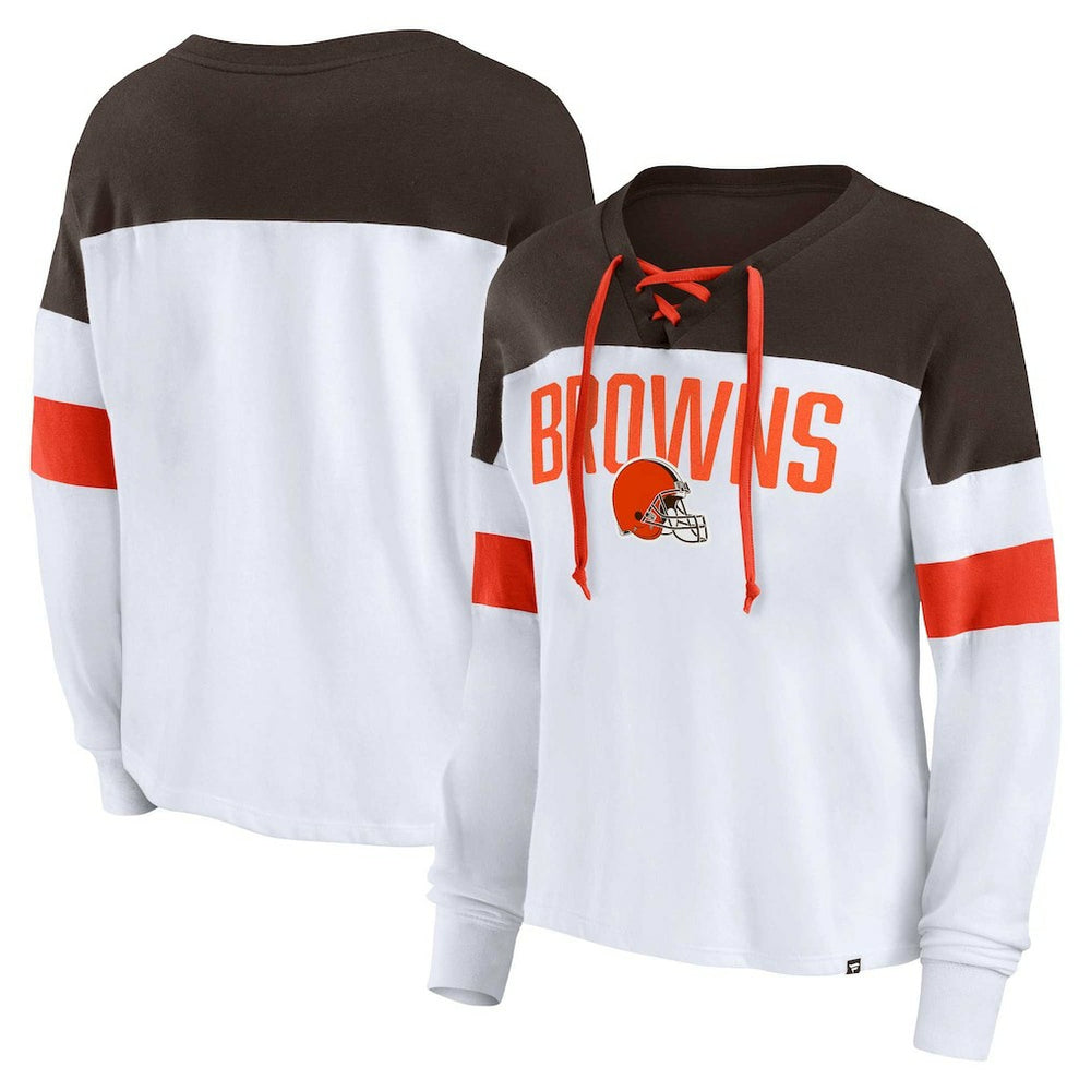 Cleveland Browns Women's Plus Size Even Match Lace-Up Long Sleeve V-Neck Top White/Brown - Fanatics