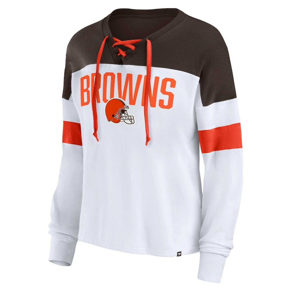 Cleveland Browns Women's Plus Size Even Match Lace-Up Long Sleeve V-Neck Top White/Brown - Fanatics