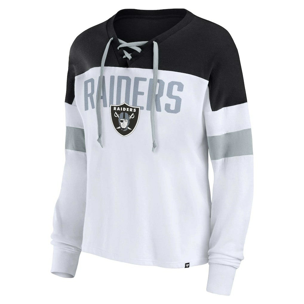 Las Vegas Raiders Women's Plus Size Even Match Lace-Up Long Sleeve V-Neck Top White/Black - Fanatics