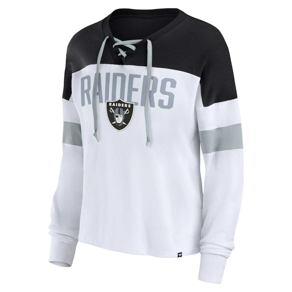 Las Vegas Raiders Women's Plus Size Even Match Lace-Up Long Sleeve V-Neck Top White/Black - Fanatics