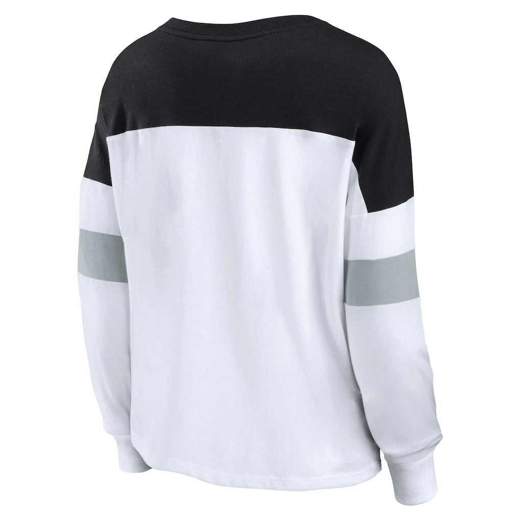 Las Vegas Raiders Women's Plus Size Even Match Lace-Up Long Sleeve V-Neck Top White/Black - Fanatics