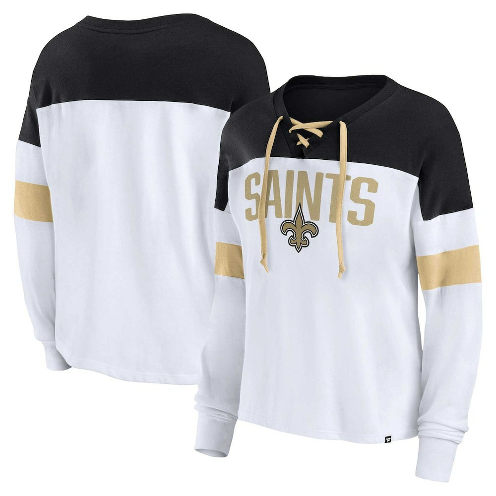 New Orleans Saints Women's Plus Size Even Match Lace-Up Long Sleeve V-Neck Top White/Black - Fanatics