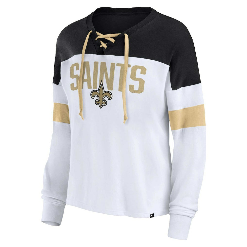 New Orleans Saints Women's Plus Size Even Match Lace-Up Long Sleeve V-Neck Top White/Black - Fanatics