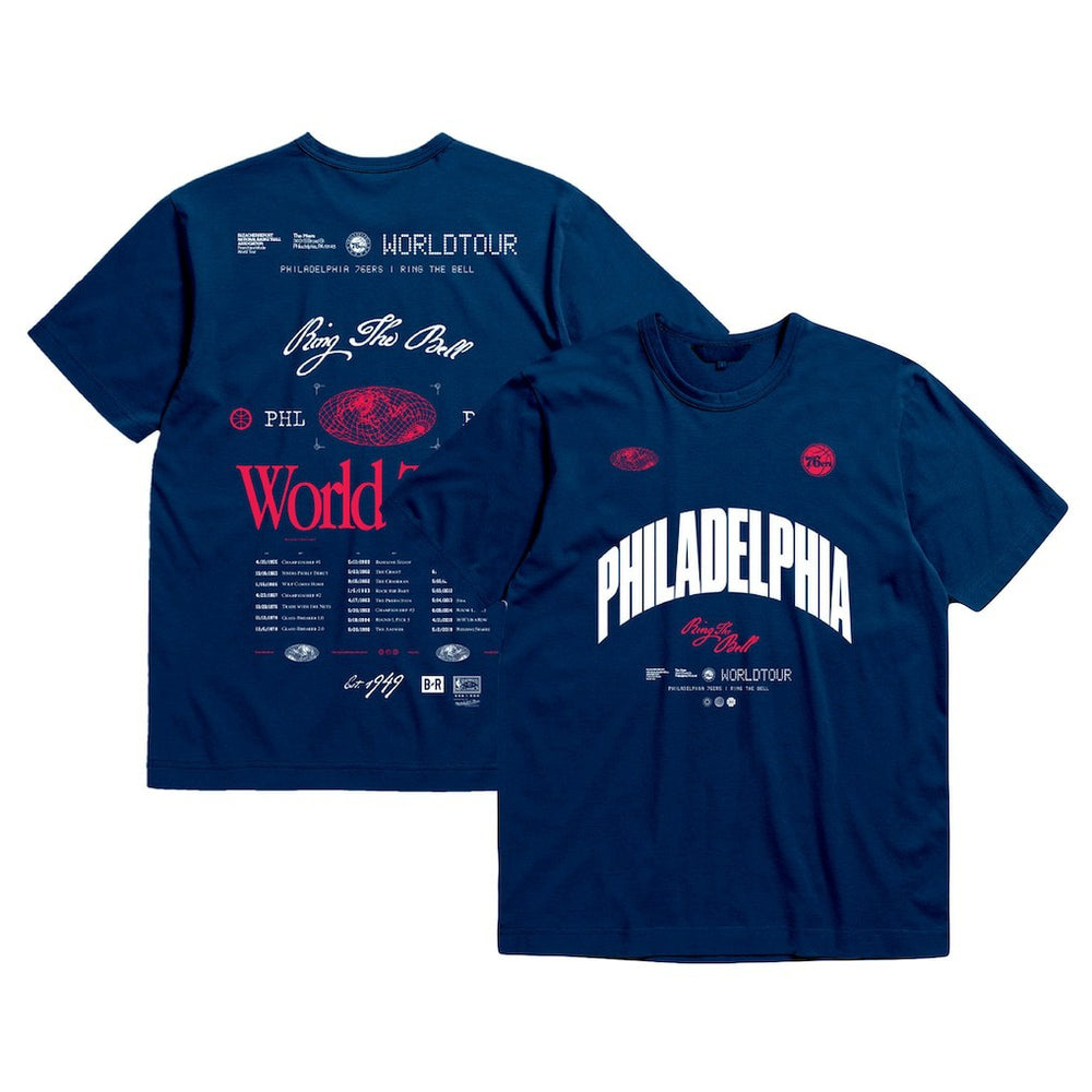 Mitchell & Ness - Philadelphia 76ers Bleacher Report x  Unisex World Tour T-Shirt - Navy