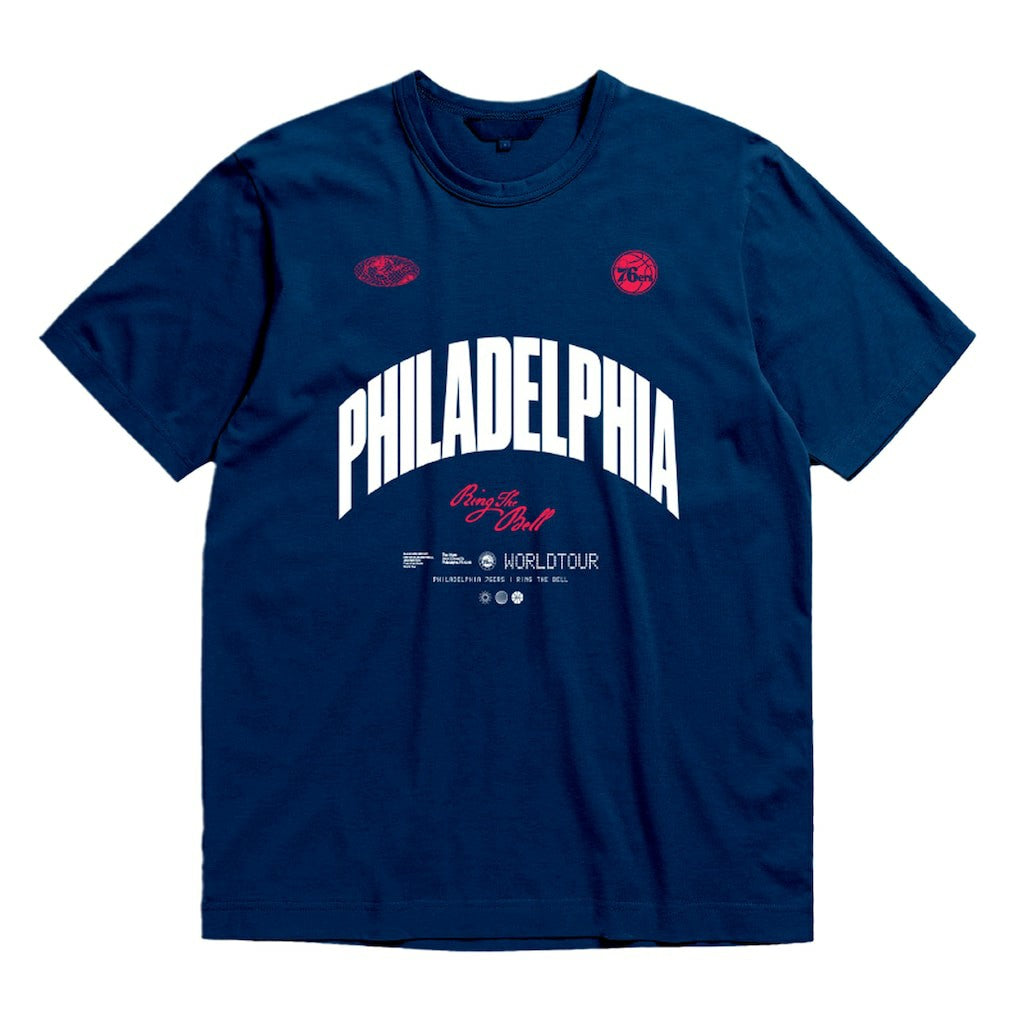 Mitchell & Ness - Philadelphia 76ers Bleacher Report x  Unisex World Tour T-Shirt - Navy