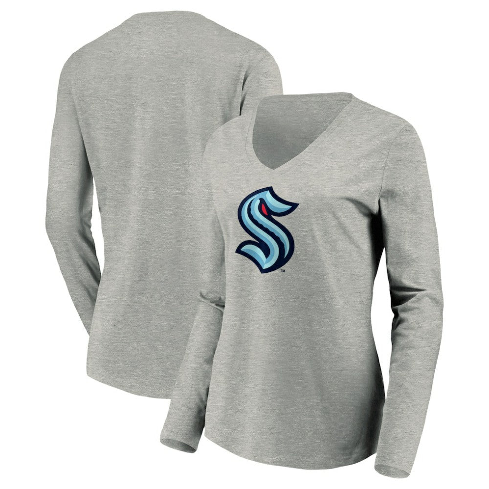 Seattle Kraken Women's Primary Logo V-Neck Long Sleeve T-Shirt Gray