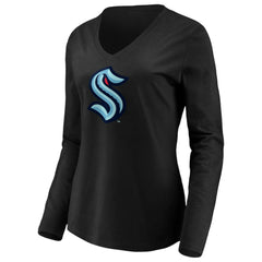 Seattle Kraken Women's Primary Logo V-Neck Long Sleeve T-Shirt Black