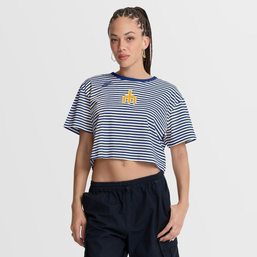 Seattle Mariners Nike Women's Cooperstown Collection Striped Cropped T-Shirt Lifestyle