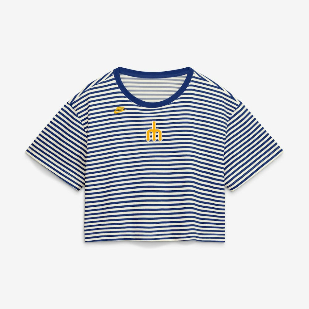 Seattle Mariners Nike Women's Cooperstown Collection Striped Cropped T-Shirt Lifestyle