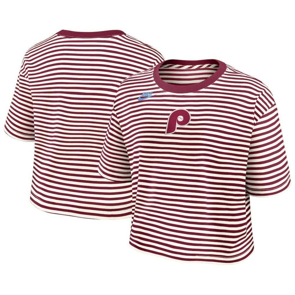 Philadelphia Phillies Nike Women's Cooperstown Collection Striped Cropped T-Shirt On Sale