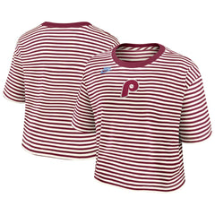 Philadelphia Phillies Nike Women's Cooperstown Collection Striped Cropped T-Shirt On Sale