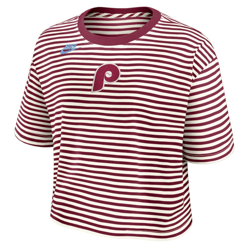 Philadelphia Phillies Nike Women's Cooperstown Collection Striped Cropped T-Shirt On Sale